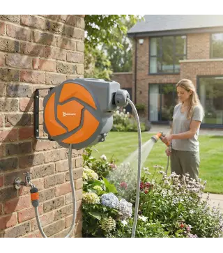 Manguera Retráctil de Pared con Carrete de 10+1 m con Retorno Enrollado Automático y Boquilla de 7 Funciones Gira 180°