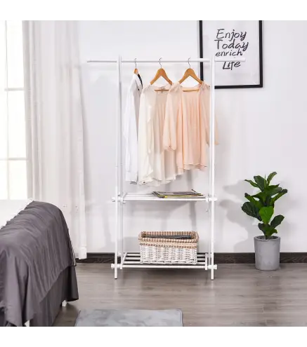 Perchero de Pie Plegable con 2 Estantes y Barra para Colgar Ropa Perchero para Dormitorio Entrada 107,5x45x150 cm Blanco