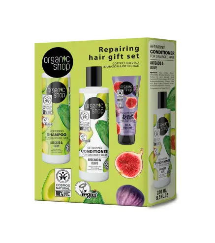 ORGANIC SHOP AGUACATE CHAMPU 280ML + AGUACATE ACONDICIONADOR 280ML + HIGO EXFOLIANTE CORPORAL 75ML