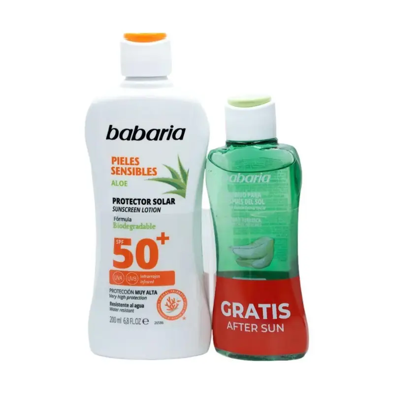 BABARIA ALOE PROTECTOR SOLAR SPF50+ PIEL SENSIBLE RESISTENTE AL AGUA 200ML + BALSAMO AFTER SUN 1U