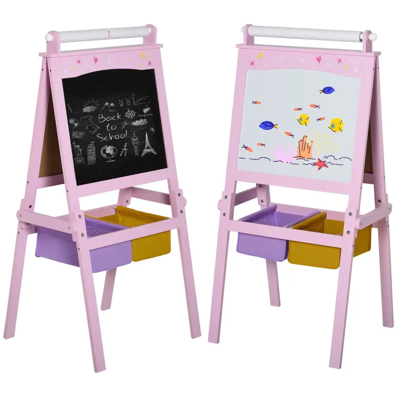 Pizarra de Doble Cara Caballete para Niños con Rollo de Papel y 2 Cestas de Almacenamiento 58,5x50,5x118 cm Rosa
