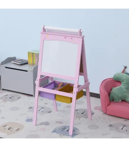 Pizarra de Doble Cara Caballete para Niños con Rollo de Papel y 2 Cestas de Almacenamiento 58,5x50,5x118 cm Rosa