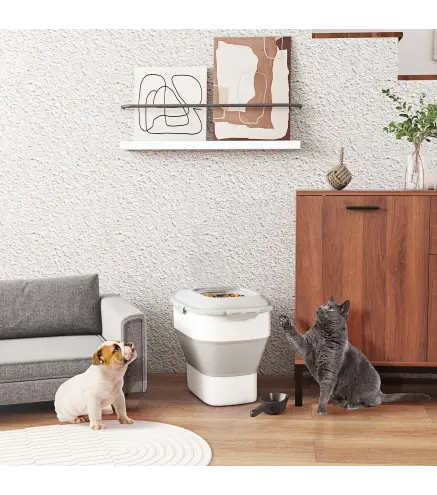 Contenedor de Comida para Perros 25L con Ruedas Taza Medidora Cuenco Plegable y Cuchara Gris