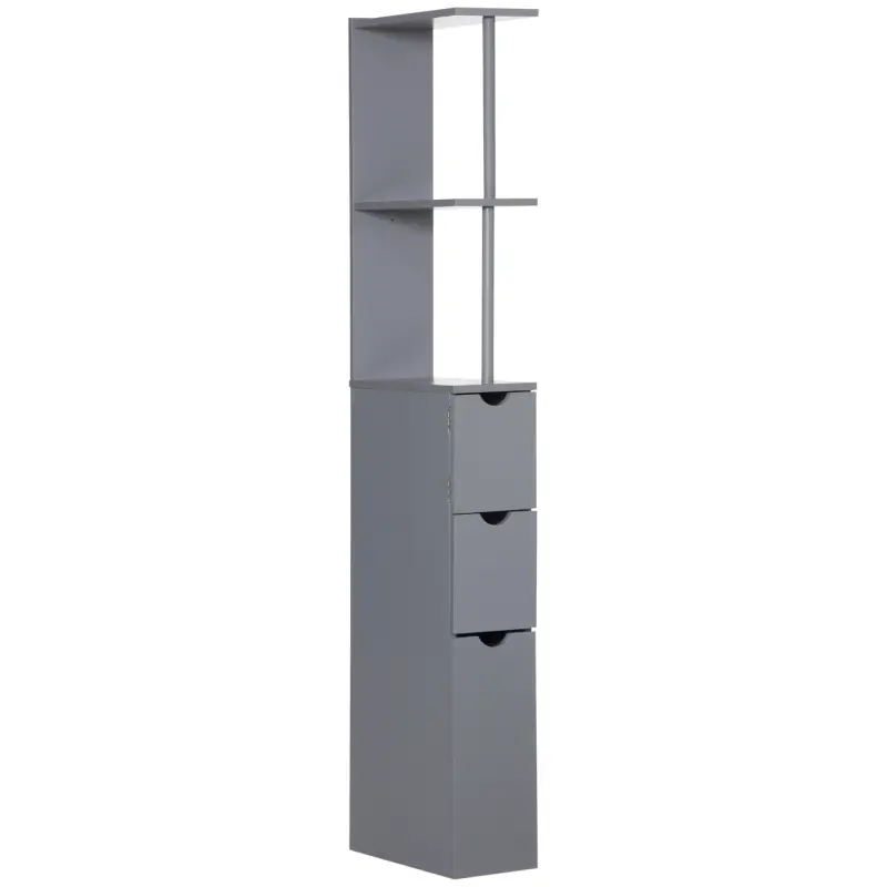 Columna de Baño Moderno Mueble Auxiliar de Baño con 2 Estantes 2 Cajones y 1 Puerta Antivuelco 15x33x136,8 cm Gris