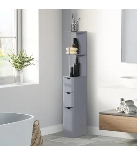 Columna de Baño Moderno Mueble Auxiliar de Baño con 2 Estantes 2 Cajones y 1 Puerta Antivuelco 15x33x136,8 cm Gris