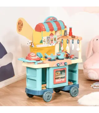 Cocina de Juguete para Niños de 3-6 Años con Ruedas Caja Registradora y Accesorios 79,5x33x90,5 cm Multicolor