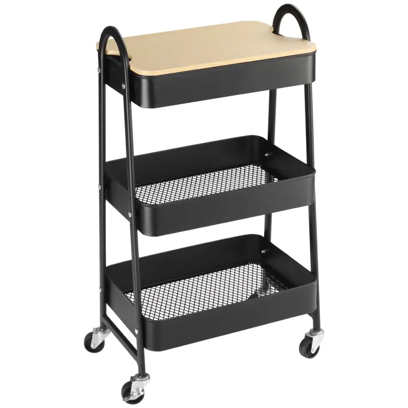 Carrito de Cocina con 3 Cestas de Acero y 1 Placa de Cubierta para Comedor Sala Baño 45x31x79,4 cm Negro