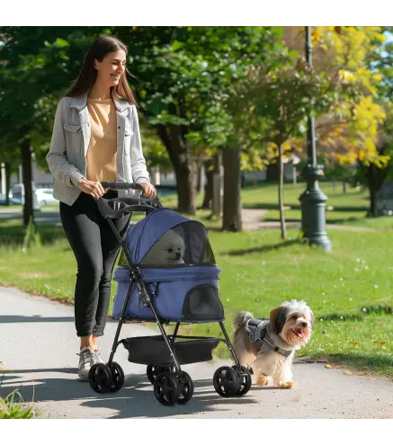 Carrito para Perros Pequeños con Ruedas Universales Cesta de Almacenaje Correas de Seguridad y Ventanas 67x45x96 cm Azul