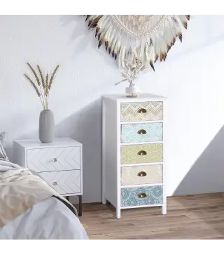 Sifonier con 5 Cajones con Frontales Estampados y Tiradores Vintage Mueble Cajonera para Salón 46x34x97,5 cm Multicolor