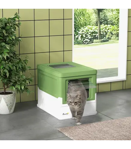 Arenero Cubierto para Gatos Desmontable con Entrada Frontal y Salida Superior 47,5x35,5x36,7 cm Verde Aguacate y Blanco