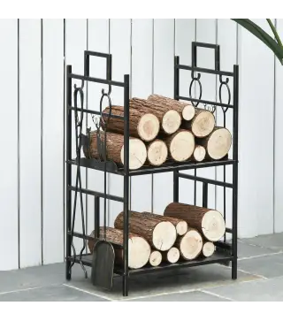 Soporte para Leña de Metal con 4 Herramientas y Asas para Interior y Exterior 51,5x33x77 cm Negro Dorado