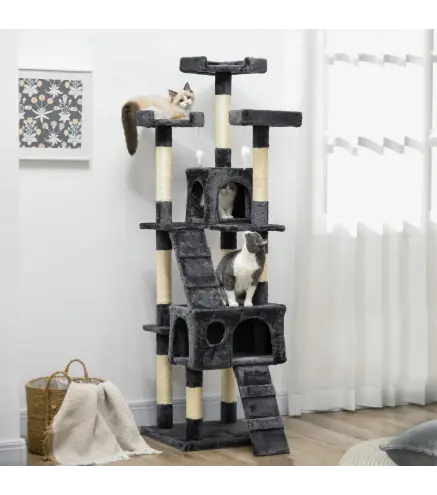 Árbol para Gatos Torre para Gatos con Nidos Escaleras Juguetes Colgantes y Postes de Sisal 49x49x173 cm Gris Oscuro