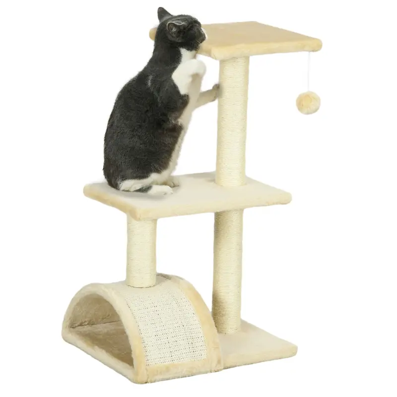 Árbol para Gatos de 3 Niveles Torre para Gatos con Postes de Sisal Tablero para Rascar y Bola Colgante Crema