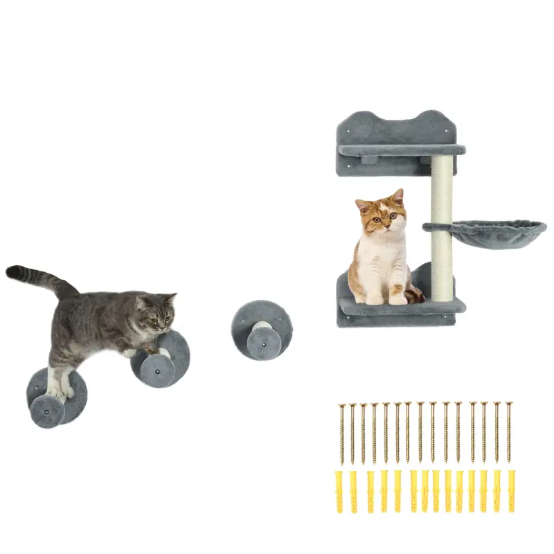 Juego de Rascador de Pared para Gatos con 3 Postes de Sisal Hamaca y 1 Plataforma para Saltar de 3 Nivele Gris