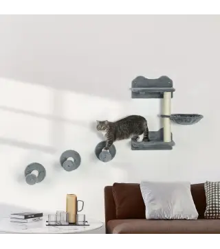 Juego de Rascador de Pared para Gatos con 3 Postes de Sisal Hamaca y 1 Plataforma para Saltar de 3 Nivele Gris