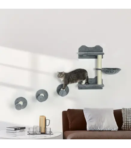 Juego de Rascador de Pared para Gatos con 3 Postes de Sisal Hamaca y 1 Plataforma para Saltar de 3 Nivele Gris