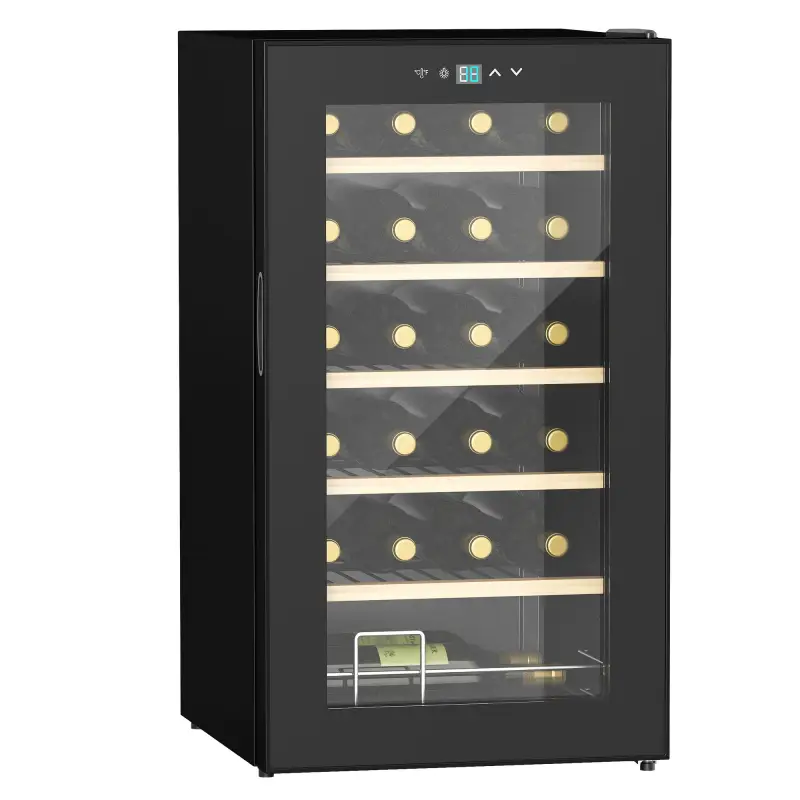 Nevera Vinos 24 Botellas 65L con Luz LED Interior Pantalla Táctil Puerta de Vidrio y 5 Estantes de Metal Negro