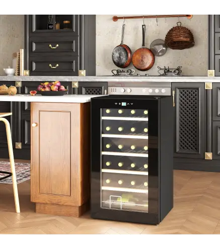 Nevera Vinos 24 Botellas 65L con Luz LED Interior Pantalla Táctil Puerta de Vidrio y 5 Estantes de Metal Negro