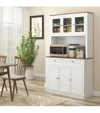 Armario de Cocina con 3 Puertas de Vidrio Compartimento Abierto 2 Cajones y Estantes Ajustables 100x40x180 cm Blanco