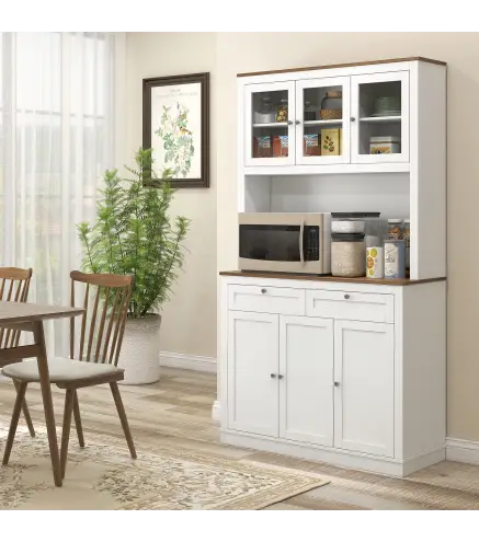 Armario de Cocina con 3 Puertas de Vidrio Compartimento Abierto 2 Cajones y Estantes Ajustables 100x40x180 cm Blanco