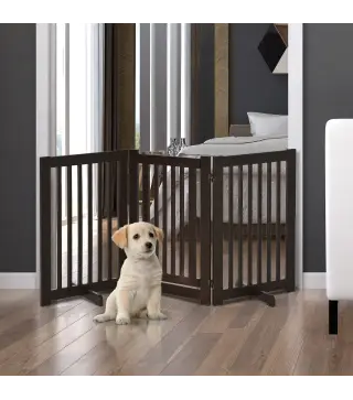 Valla para Mascotas Plegable de 3 Paneles con 1 Puerta y Patas de Apoyo para Pasillo Escalera 155x35,5x76 cm Café