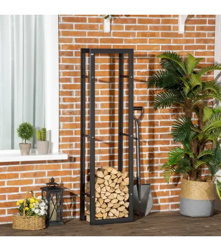 Soporte para Leña de Metal Estante de Leña Leñero de Exterior para Interior y Exterior Carga 100 kg 40x25x150 cm Negro