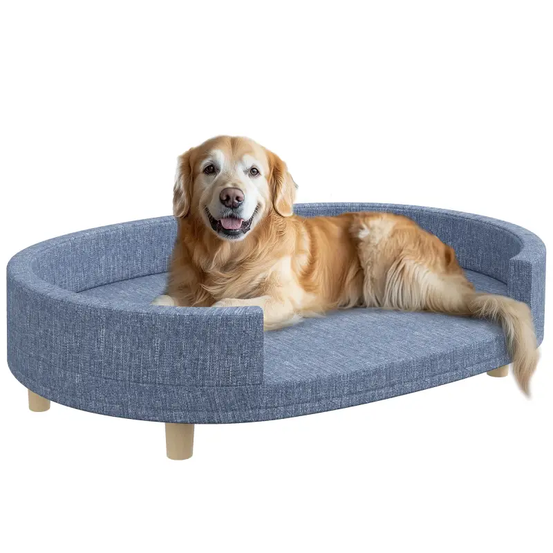 Sofá para Mascotas con Cojín Extraíble Funda Lavable y Patas de Madera Carga 30 kg para Interior 100x70x25 cm Azul