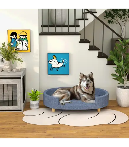 Sofá para Mascotas con Cojín Extraíble Funda Lavable y Patas de Madera Carga 30 kg para Interior 100x70x25 cm Azul