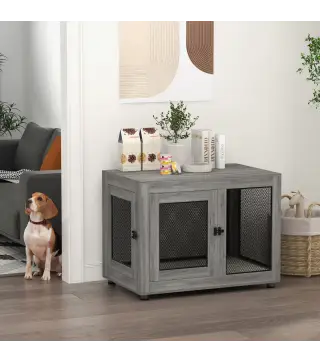 Jaula para Perros Grandes de Interior Mesa Auxiliar con 2 Puertas con Pestillo y Cojín 94x60x71,5 cm Gris