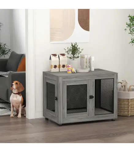 Jaula para Perros Grandes de Interior Mesa Auxiliar con 2 Puertas con Pestillo y Cojín 94x60x71,5 cm Gris