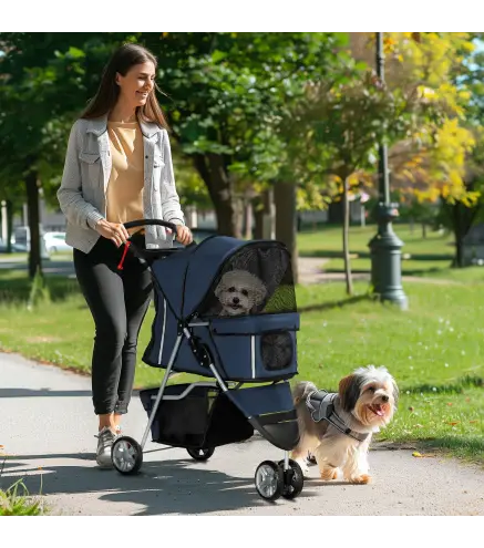 Carrito para Perros Pequeños con Cesta de Almacenaje Ventanas de Malla y 2 Ruedas Universales 75x45x97 cm Azul Oscuro