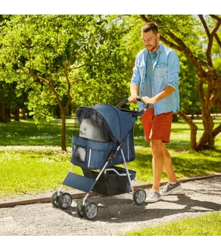 Carrito para Perros Pequeños con Toldo Ajustable Cesta de Almacenaje Portavasos y Ruedas 75x45x97 cm Azul Oscuro