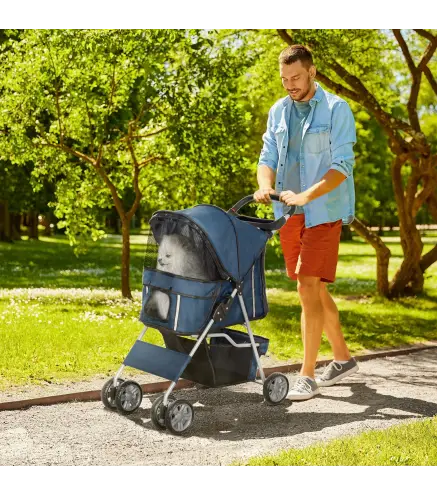 Carrito para Perros Pequeños con Toldo Ajustable Cesta de Almacenaje Portavasos y Ruedas 75x45x97 cm Azul Oscuro