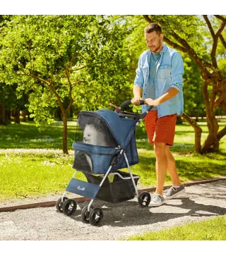 Carrito para Perros con Toldo Ajustable Cesta de Almacenaje y Ruedas con Freno Tela Oxford 77x45x99,5 cm Azul Oscuro