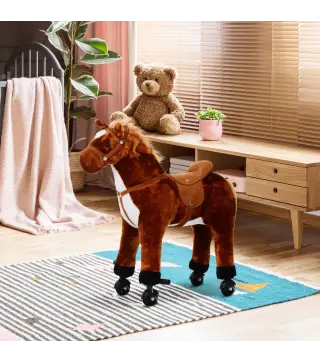 Caballo de Juguete para Niños de +2 Años con Ruedas Sonidos y Estructura de Metal Carga 60kg 65x28x75 cm Marrón