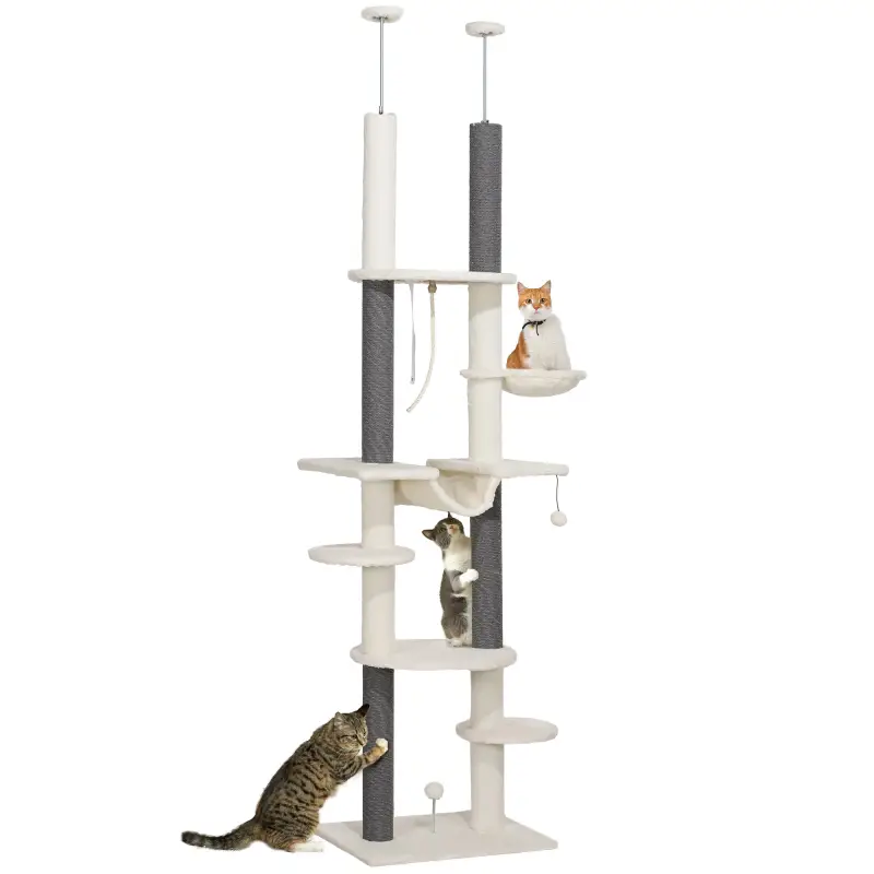Árbol para Gatos de Suelo a Techo 225-255 cm con Hamacas Plataformas Juguete de Cuerda Bola de Juguete Crema y Gris Árbol para Gatos de Suelo a Techo 225-255 cm con Hamacas Plataformas Juguete de Cuerda Bola de Juguete Crema y Gris