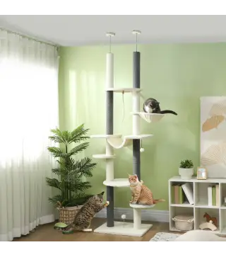 Árbol para Gatos de Suelo a Techo 225-255 cm con Hamacas Plataformas Juguete de Cuerda Bola de Juguete Crema y Gris
