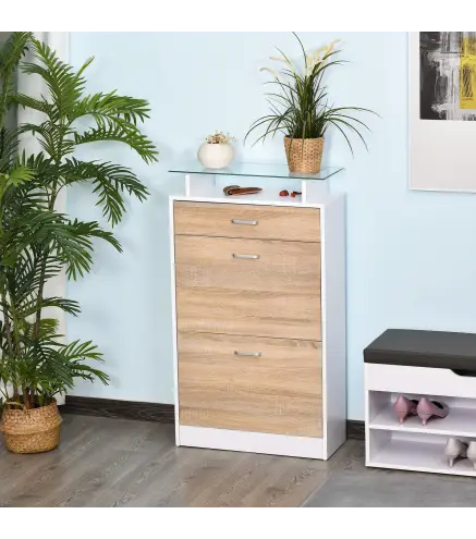 Mueble Zapatero Armario Zapatero con 3 Cajones Estante de Vidrio y Asa de Aluminio para Pasillo 60x24x105,5 cm Natural