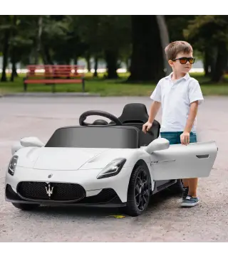 Coche Eléctrico para Niños con Licencia Maserati MC20 con Batería 12V Mando a Distancia Faros Bocina Música Blanco