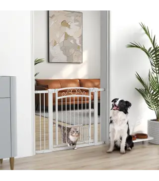 Barrera de Seguridad para Perros con Ancho Ajustable 76-104 cm con 2 Extensiones para Escalera Puerta Blanco