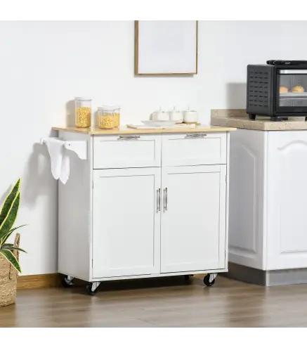 Mueble Auxiliar de Cocina con Ruedas 2 Cajones 2 Puertas Estante Ajustable y Toallero 104x46x91 cm Blanco