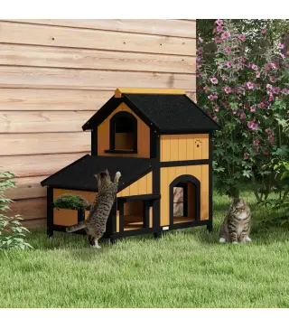 Caseta de Madera de Exterior para Gatos Casa para Gatos Refugio para Gatos de 2 Niveles 96x65x85,5 cm Natural