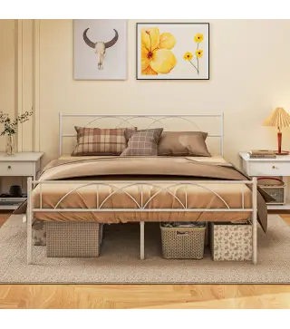 Cama Doble 150x200 cm con Cabecera Listones de Acero y Espacio de Almacenamiento Debajo de la Cama Carga 330 kg Blanco