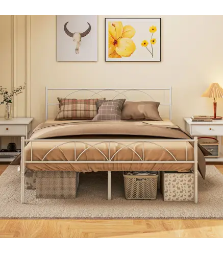 Cama Doble 150x200 cm con Cabecera Listones de Acero y Espacio de Almacenamiento Debajo de la Cama Carga 330 kg Blanco