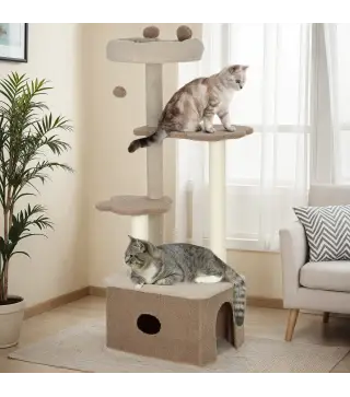 Árbol Rascador para Gatos Altura 133 cm Torre para Gatos con Nido Plataformas Bola Colgante y Poste de Yute Café