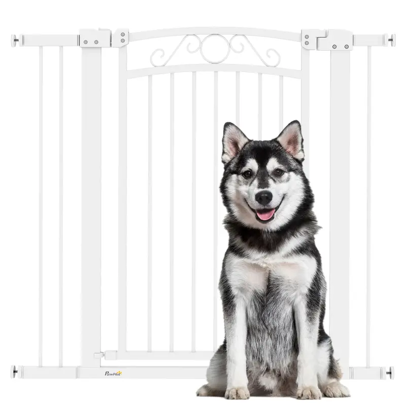 Puerta para Perros con Ancho Ajustable 76-104 cm Barrera de Seguridad con 2 Extensiones y Doble Bloqueo Blanco