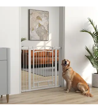 Puerta para Perros con Ancho Ajustable 76-104 cm Barrera de Seguridad para Perros con 2 Extensiones Blanco