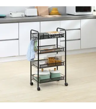 Carrito de Cocina de 4 Niveles Carrito de Almacenamiento con 4 Ganchos Carga 12 kg para Comedor Baño 45x26,5x84 cm Negro