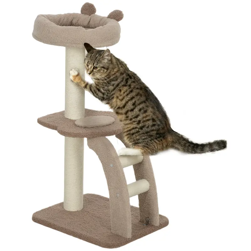 Árbol para Gatos Altura 88 cm Torre para Gatos con Nido Plataformas Bola Colgante Escalera y Poste de Sisal Café