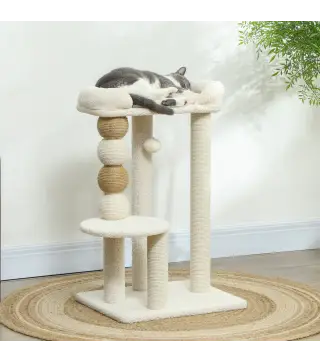 Árbol para Gatos Altura 76 cm con Revestimiento de Borreguillo Plataformas Bola Colgante y Poste de Yute Beige